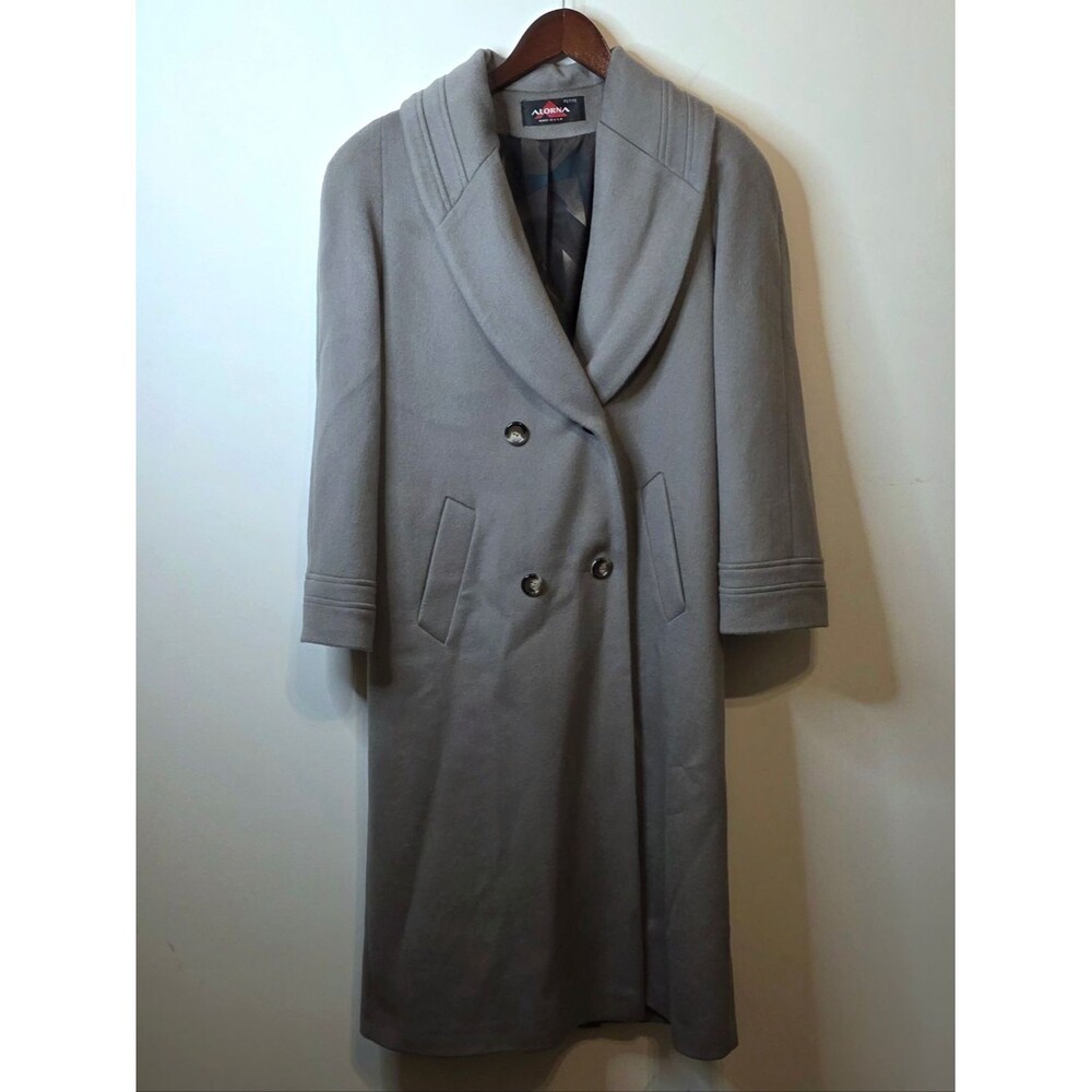 Vintage Alorna Gray Long Wool Coat Shawl Collar Made In USA Size Petite Large